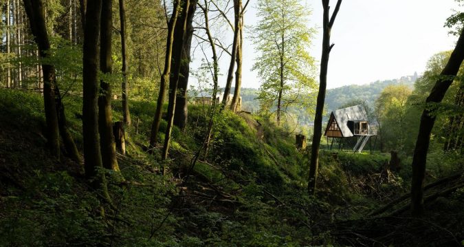Umgeben von der Ruhe des Waldes öffnet sich der Blick aus den Baumhäusern über unseren Teich und die Sauna zum Welsh-Gestüt auf die Burg Breuberg